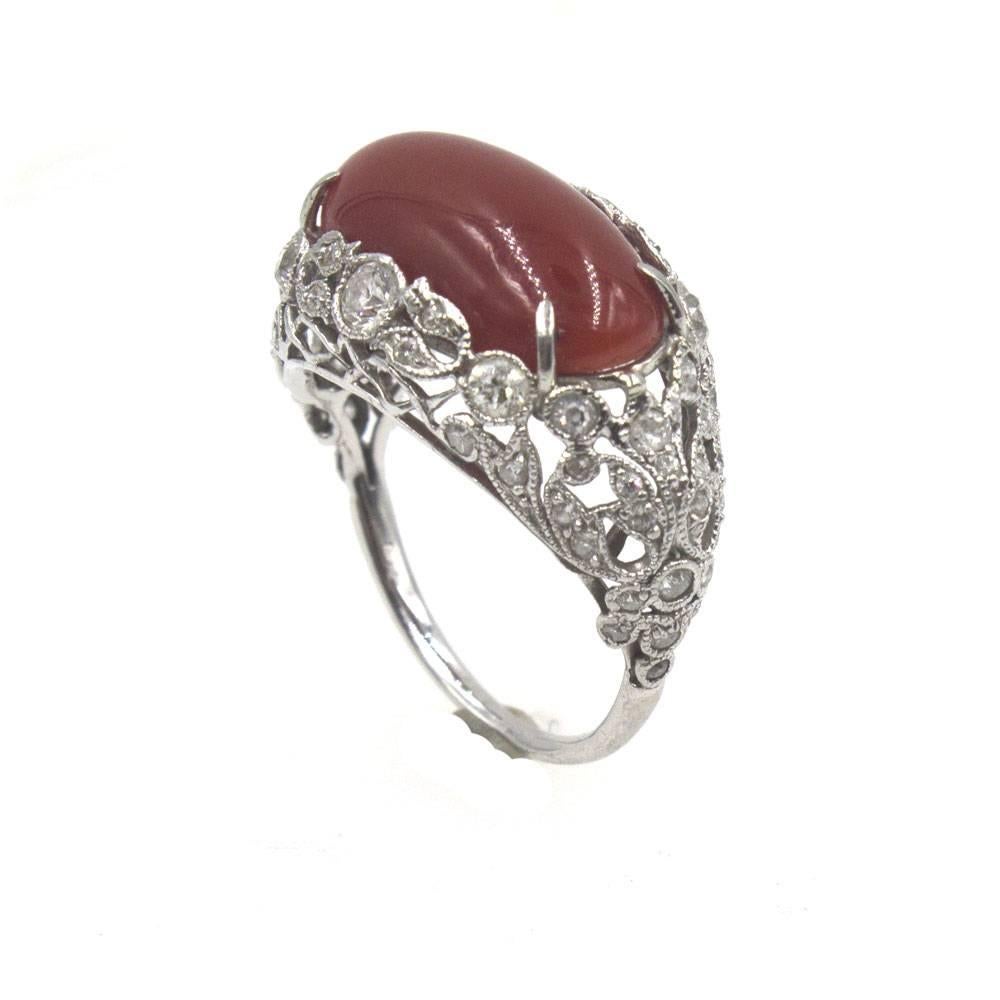Ox Blood Coral Diamond Platinum Original Art Deco Filigree Ring For Sale 2