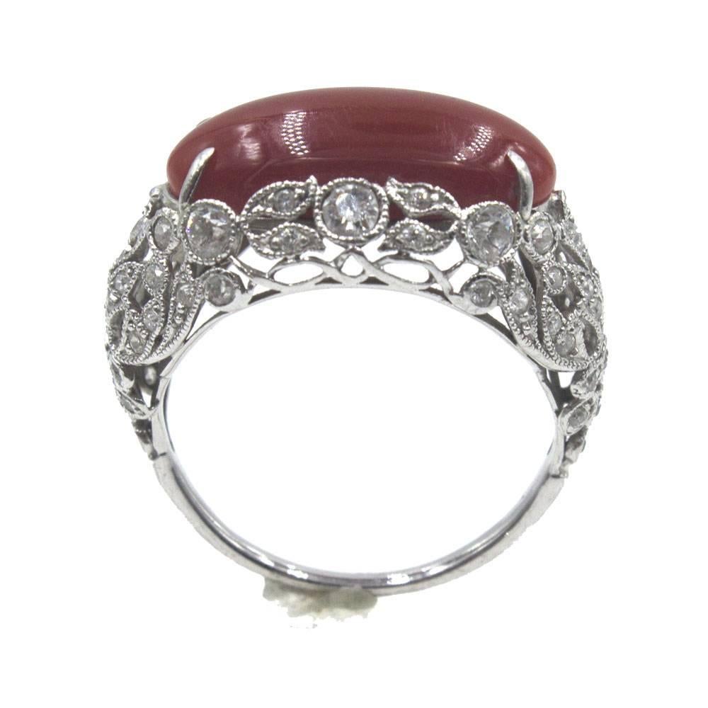 Women's Ox Blood Coral Diamond Platinum Original Art Deco Filigree Ring For Sale