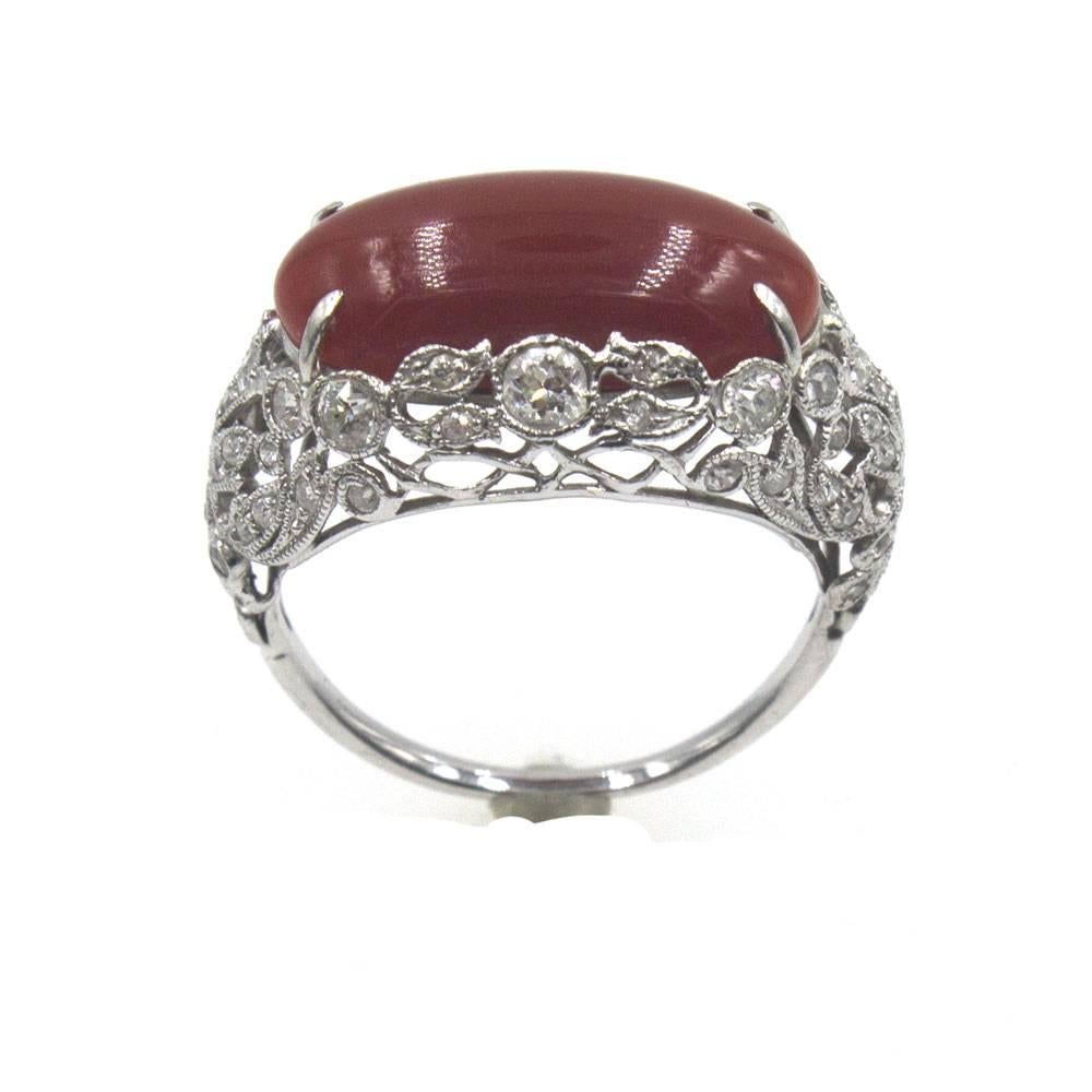 Ox Blood Coral Diamond Platinum Original Art Deco Filigree Ring For Sale 3