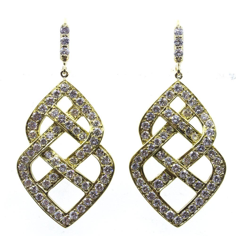 Modern 5.80 Carat Diamond 18 Karat Yellow Gold Drop Earrings