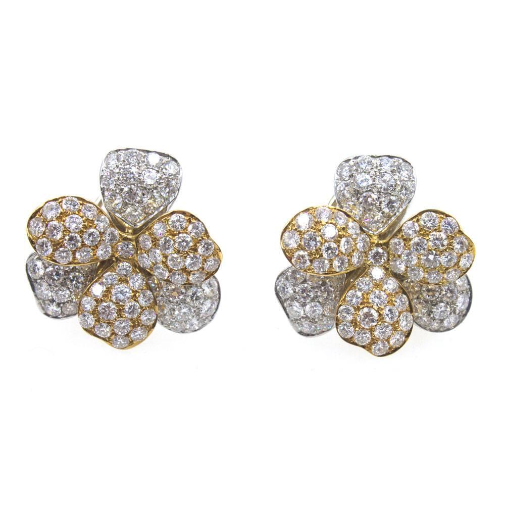 Modern Diamond Floral 18 Karat Two-Tone Earrings