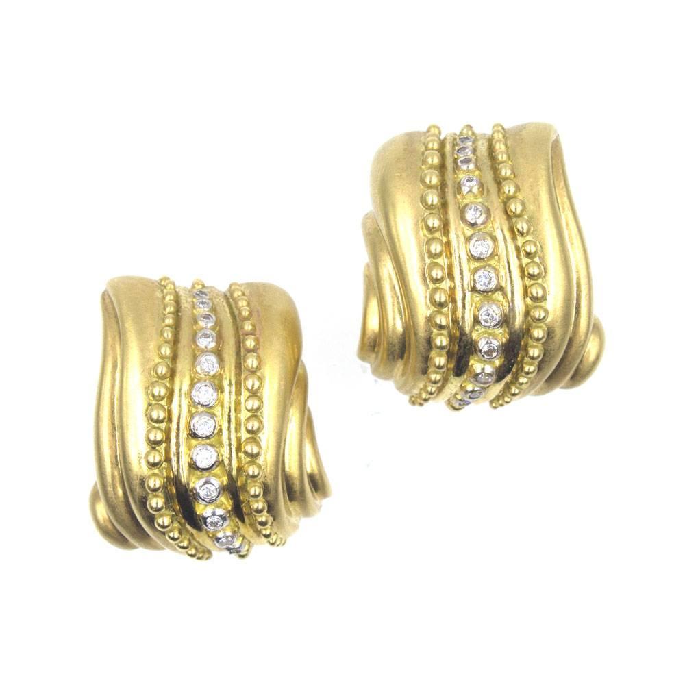 Diamond Satin Finished 18 Karat Yellow Gold Textured Earrings