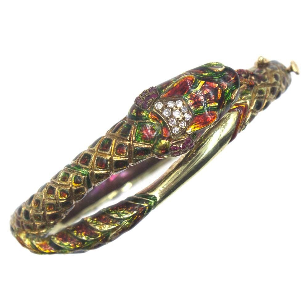 Modern 1950s Enamel Diamond Ruby 18 Karat Yellow Gold Snake Bangle Bracelet