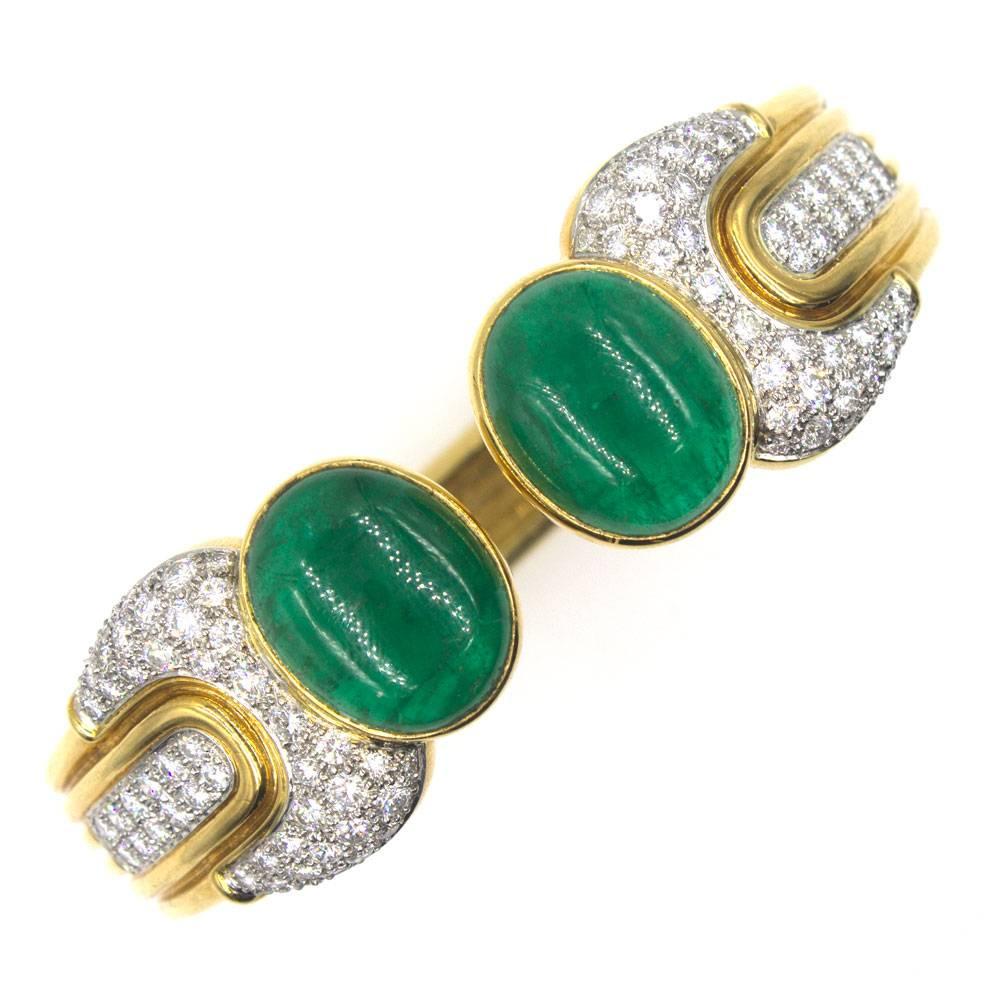 1970s Cabochon Emerald Diamond Cuff Bracelet
