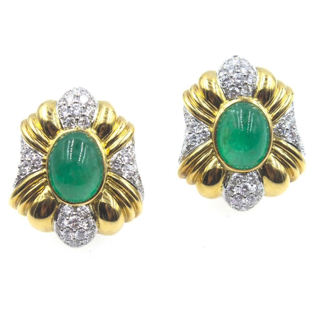1970s Emerald Diamond Platinum 18 Karat Yellow Gold Clip Earrings