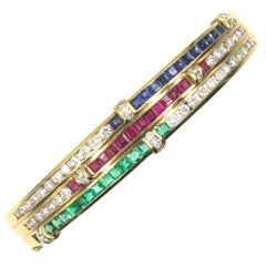 Diamond Ruby Sapphire Emerald Three-Row Bangle Bracelet