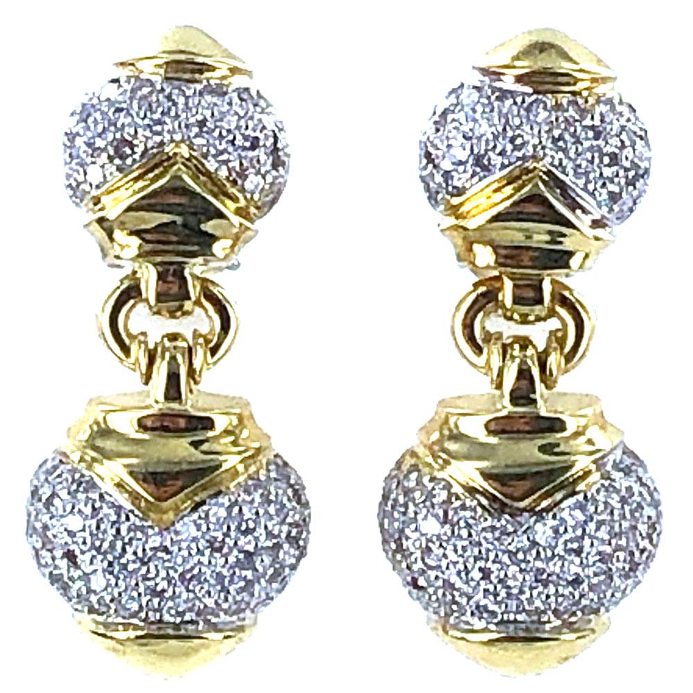 Round Cut Pave Diamond 18 Karat Two-Tone Gold Drop Earrings