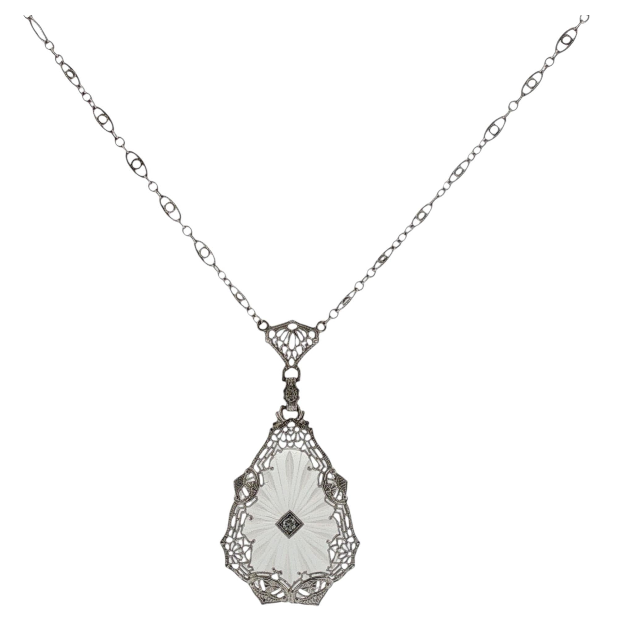 Art Deco Diamond Rock Crystal 14 Karat White Gold Vintage Pendant Necklace