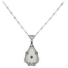 Art Deco Diamond Rock Crystal 14 Karat White Gold Vintage Pendant Necklace