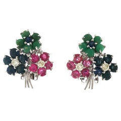 Ruby Emerald Sapphire & Diamond Flower Earclip Earrings