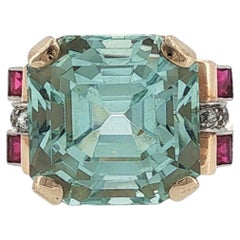 Retro Aquamarine Ruby Diamond Cocktail Rose Gold Ring