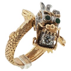 Vintage Dragon Ring Diamond Emerald 14 Karat Two Tone Gold Statement Ring