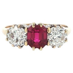 Antique No Heat Burma Ruby Old European-Cut Diamond 18KYG Three Stone Ring GIA