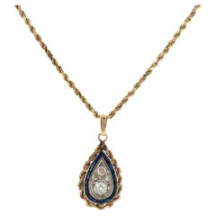 Diamond Sapphire Pear-Shape Drop Vintage Pendant 14KYG/Plat Rope Chain