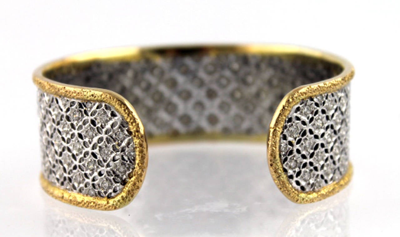 Diamond Two Color Gold Cuff Bangle Bracelet In Excellent Condition In Boca Raton, FL