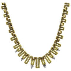 18 Karat Yellow Gold and Diamond Greek Key Necklace