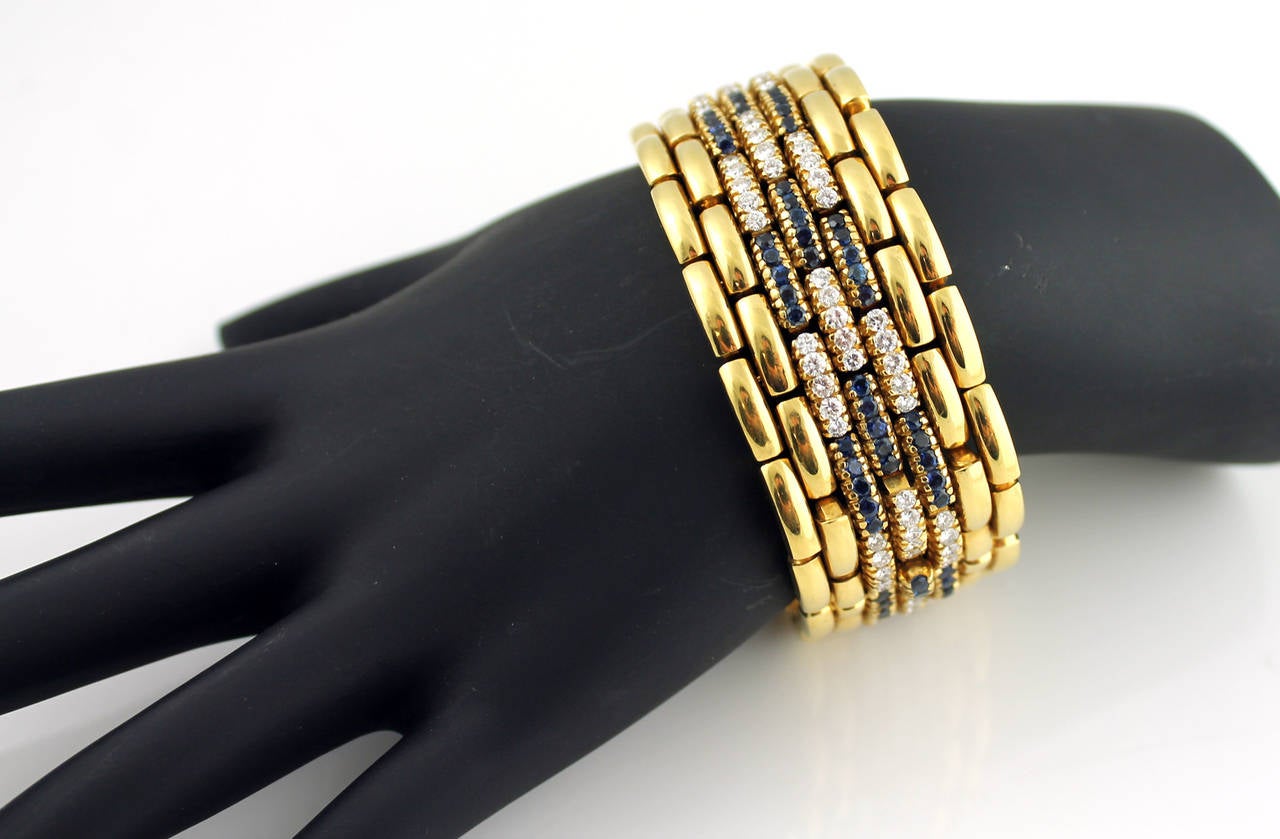  Sapphire Diamond Gold Seven Row Link Bracelet In Excellent Condition In Boca Raton, FL