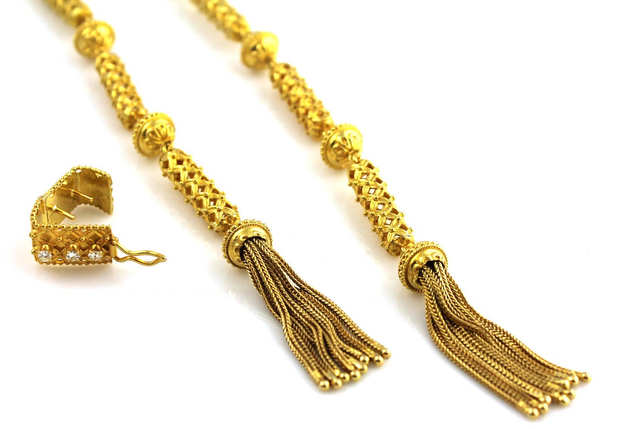 Modern Diamond Gold Lariat Style Necklace with Tassels