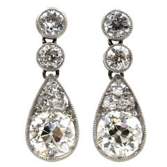 Art Deco Diamond Platinum Drop Earrings Antique Art Deco Diamond Platinum Drop Earrings
