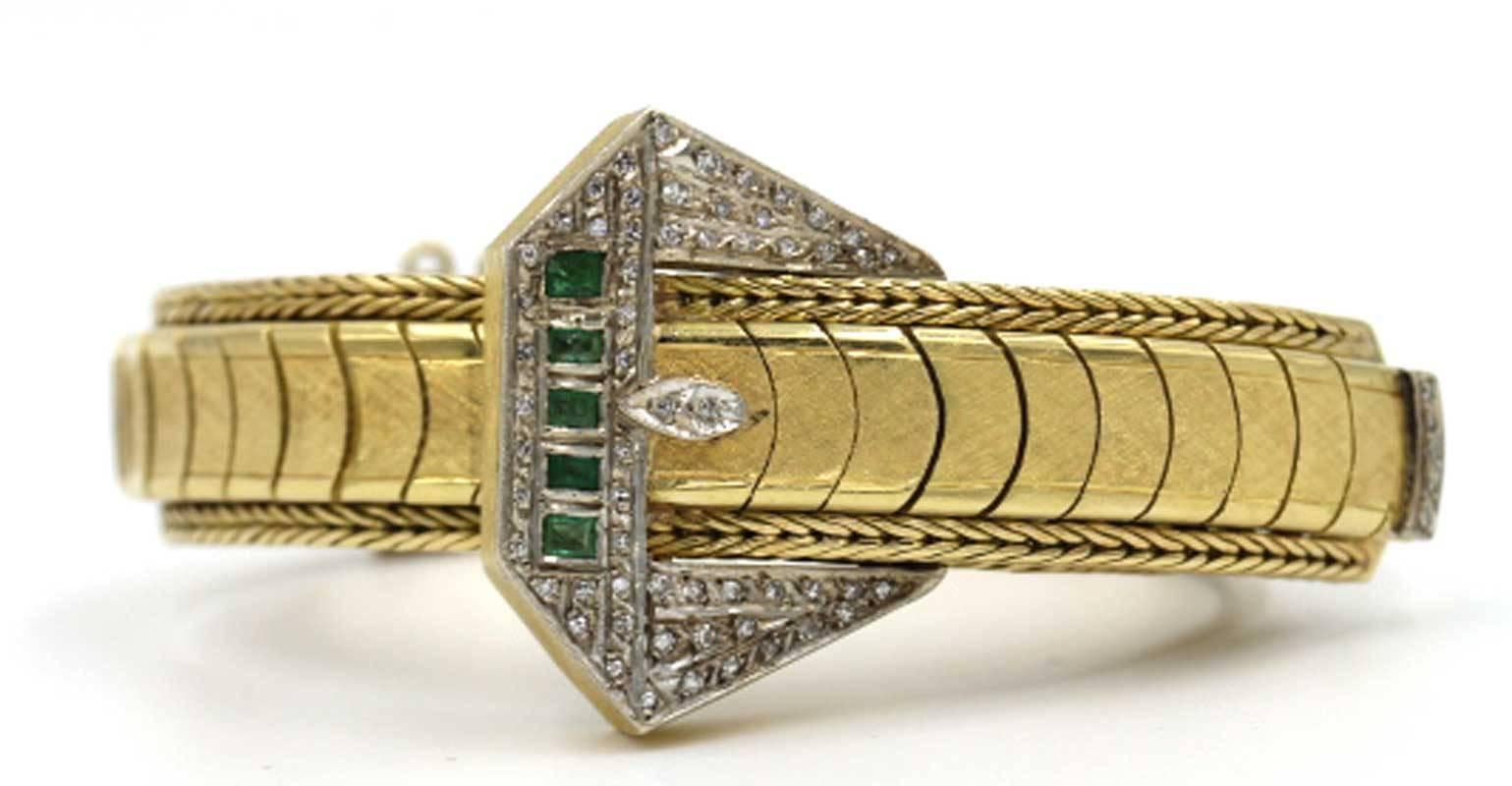Retro Emerald Diamond Gold Belt Buckle Bracelet