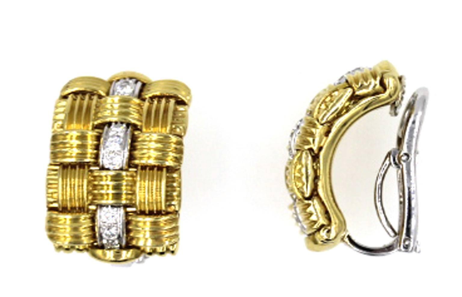 From the Appassionata collection, these stylish earrings by designer Roberto Coin feature 14 round brilliant cut diamonds that equal .28 cttw. The woven 18-karat yellow gold contrasts against the white diamonds set in 18-karat white gold.They