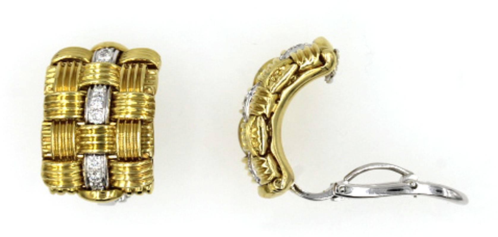 Modern Roberto Coin Appassionata Diamond Gold Weave Earrings