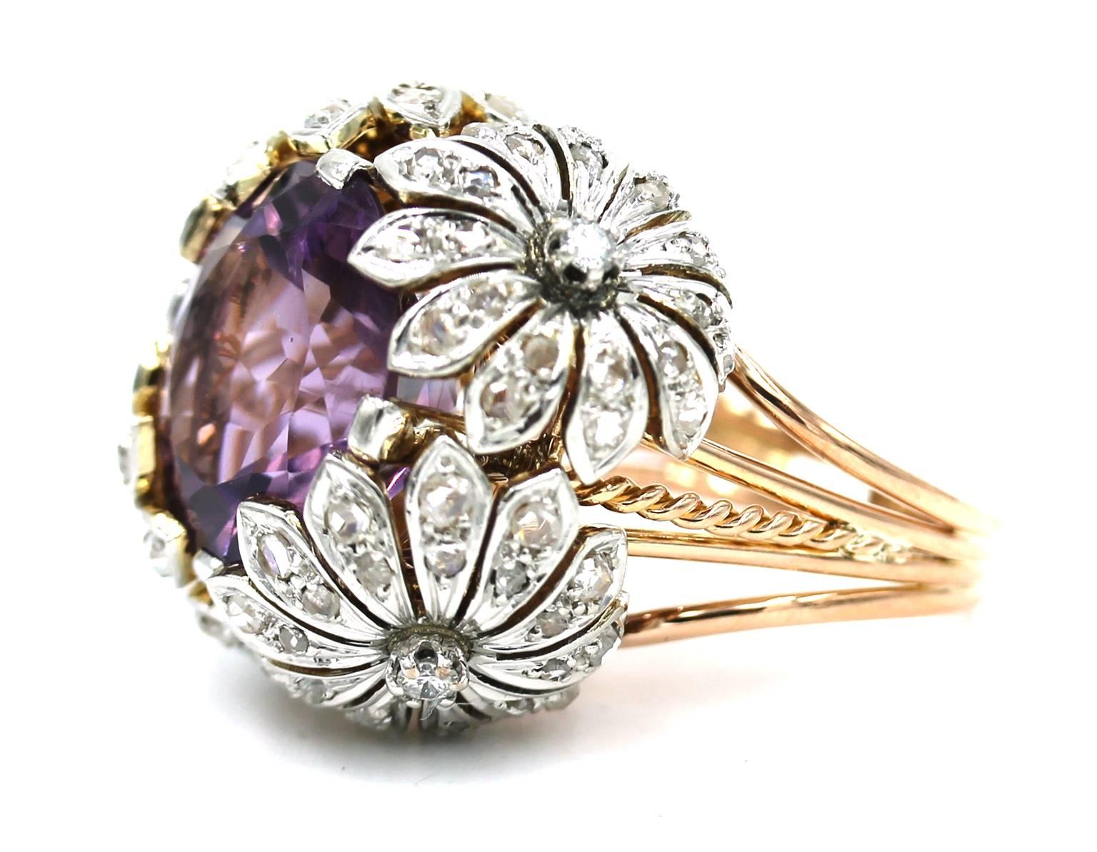 1960s Amethyst Diamond Gold Floral Design Ring  In Excellent Condition In Boca Raton, FL