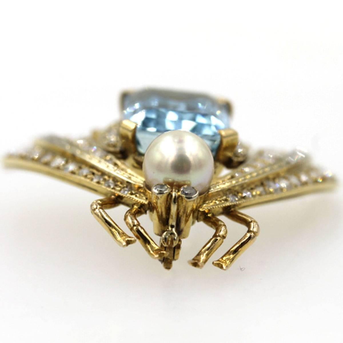 Modern 1950s Aquamarine Cultured Pearl Diamond Gold Bug Pin