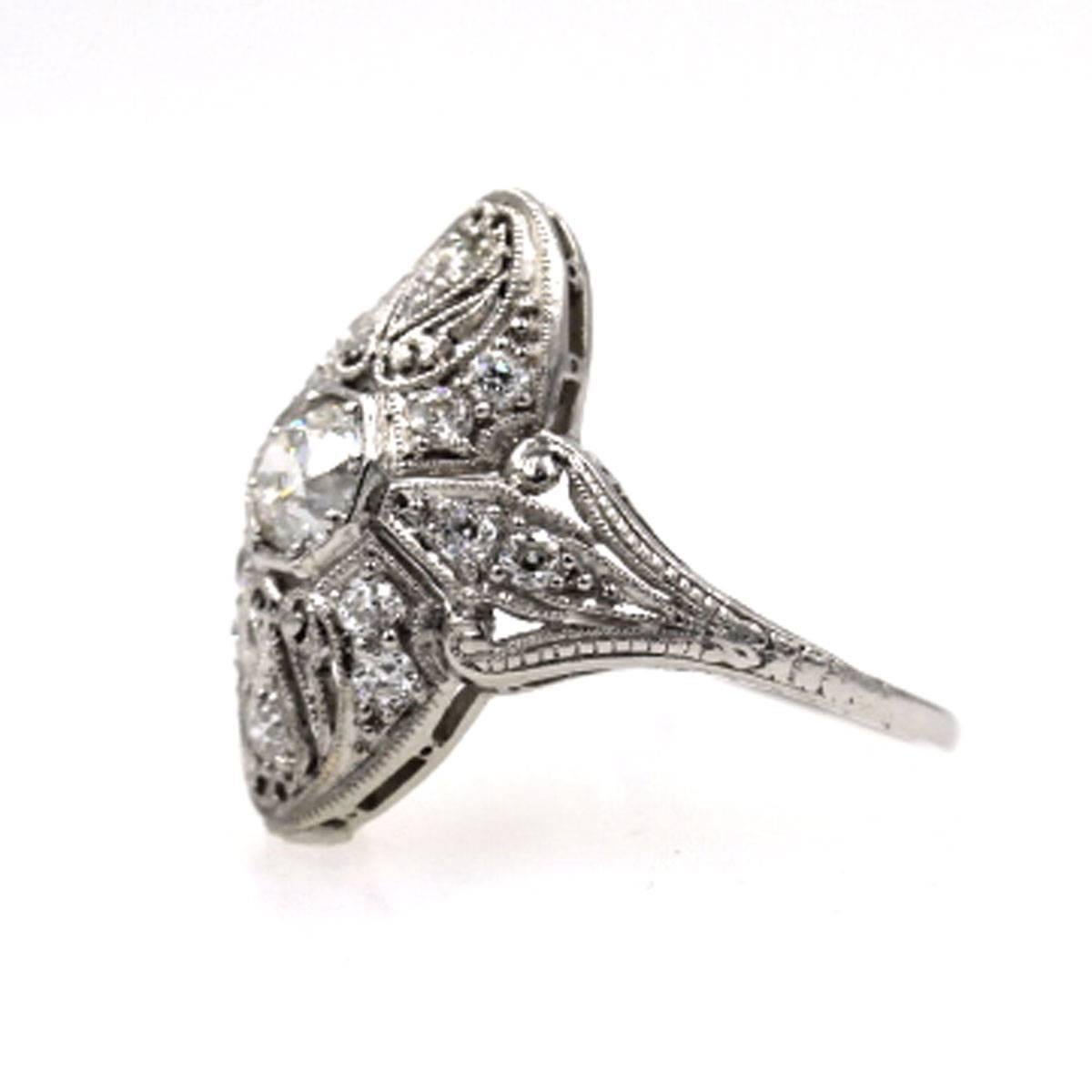  Art Deco Diamond Platinum Filigree Ring With GIA Certificate In Excellent Condition In Boca Raton, FL