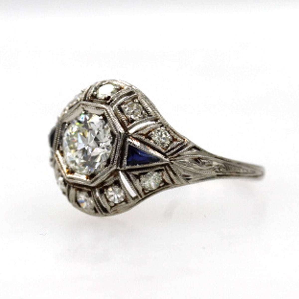 Original Art Deco Diamond Platinum Ring With Accent Sapphires In Excellent Condition In Boca Raton, FL