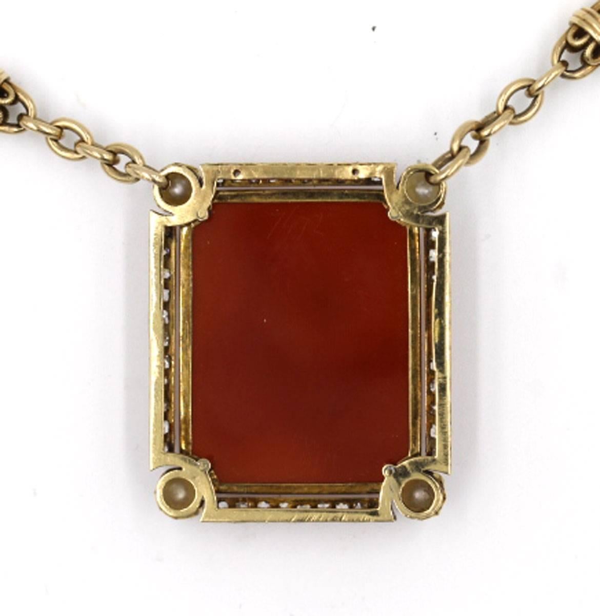 Antique Cameo Diamond Gold Pendant and Old Watch Chain In Excellent Condition In Boca Raton, FL