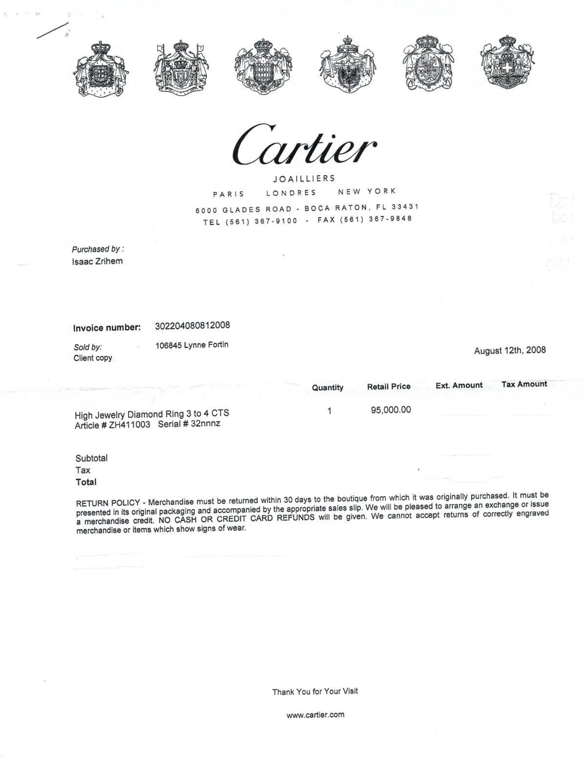 Women's Cartier 3.17 Carat Three Diamond Platinum Engagement Ring 