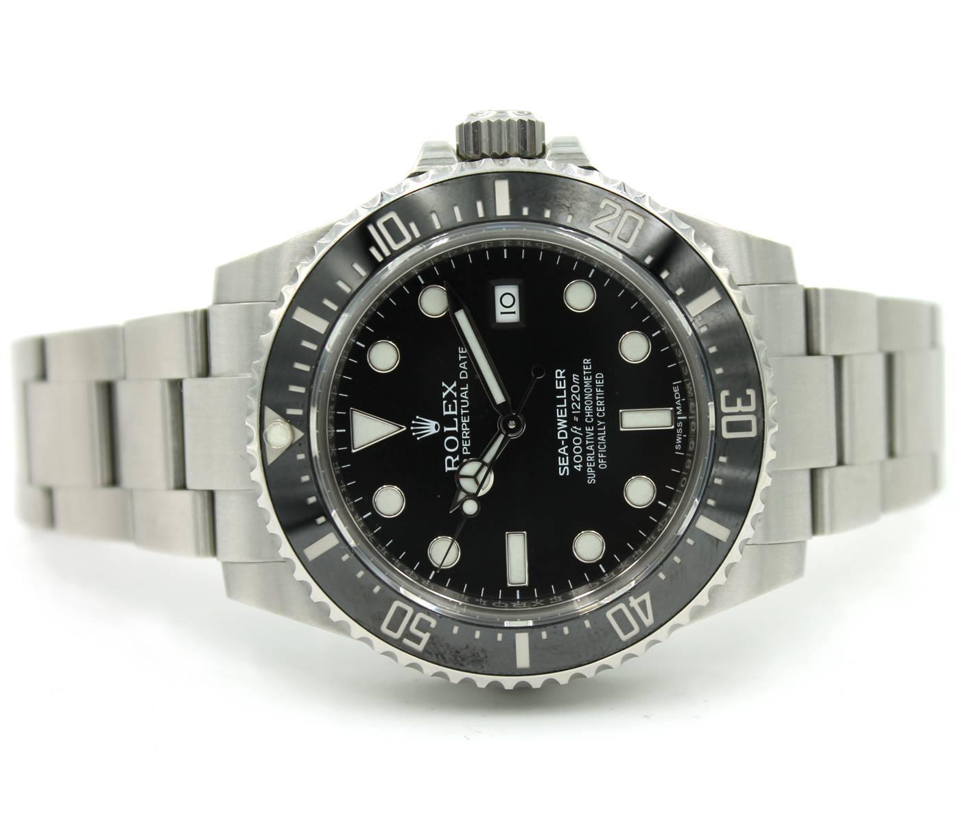 Rolex Sea Dweller 44mm watch with ceramic black bezel, black dial, oyster bracelet, and sapphire crystal. Current model number 116600, Serial Number 33W....
MSRP $10,400.