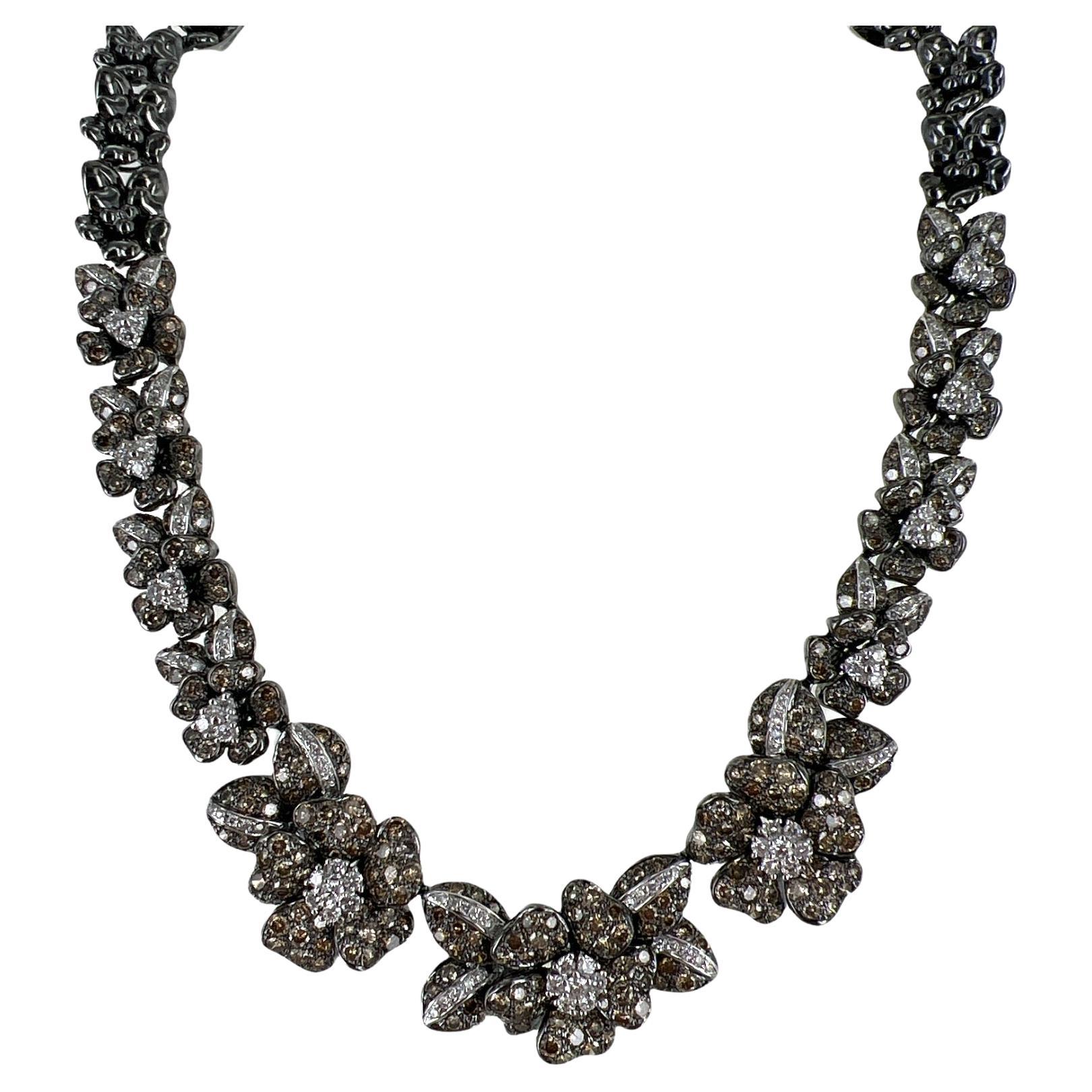 13.8 CTW Diamond Floral 18 Karat Blackened Gold Collar Necklace For Sale