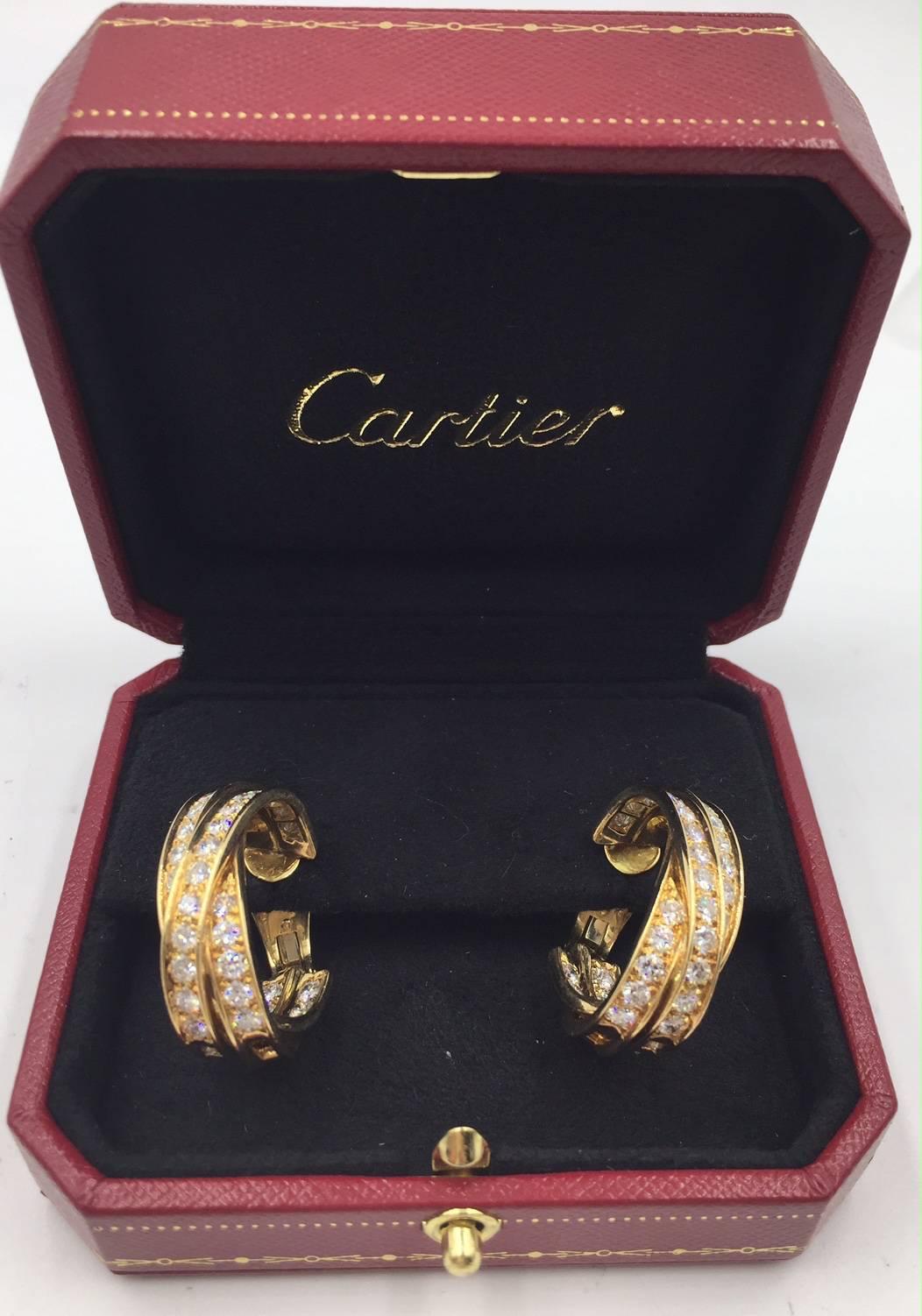 Modern Cartier Diamond 18 Karat Yellow Gold Large Trinity Hoop Vintage Earrings