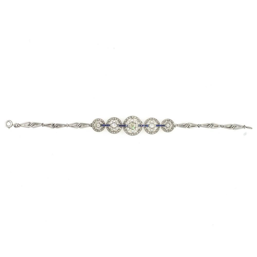 Original Art Deco Diamond Sapphire Platinum Circle Link Bracelet 3