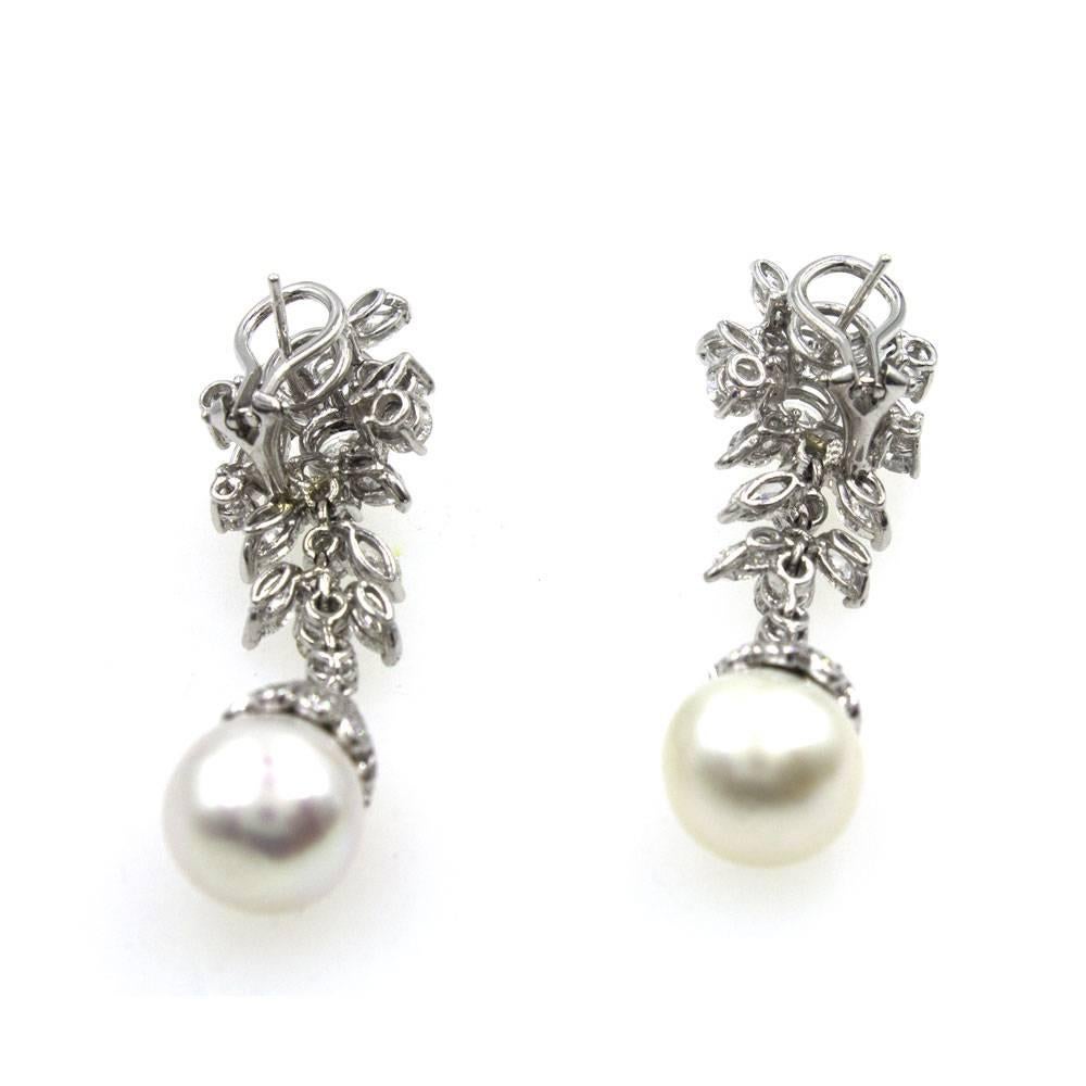 Modern 1960s Diamond South Sea Pearl Platinum Drop Earrings