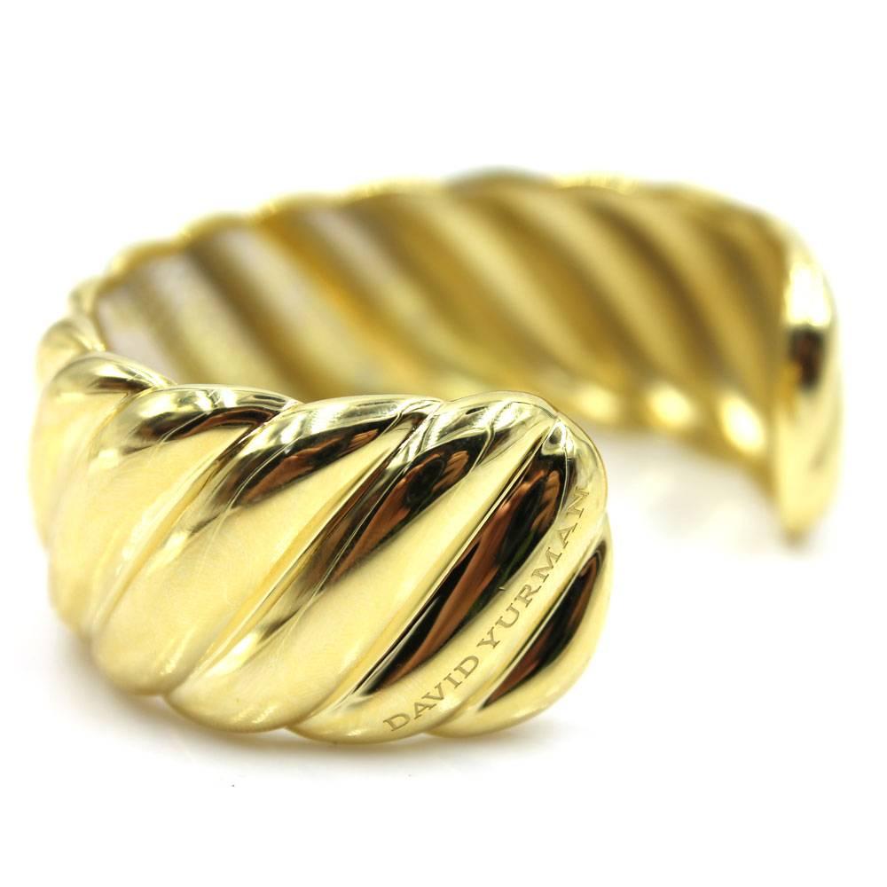 Modern David Yurman Diamond Yellow Gold Sculpted Cable Wide Cuff Bracelet