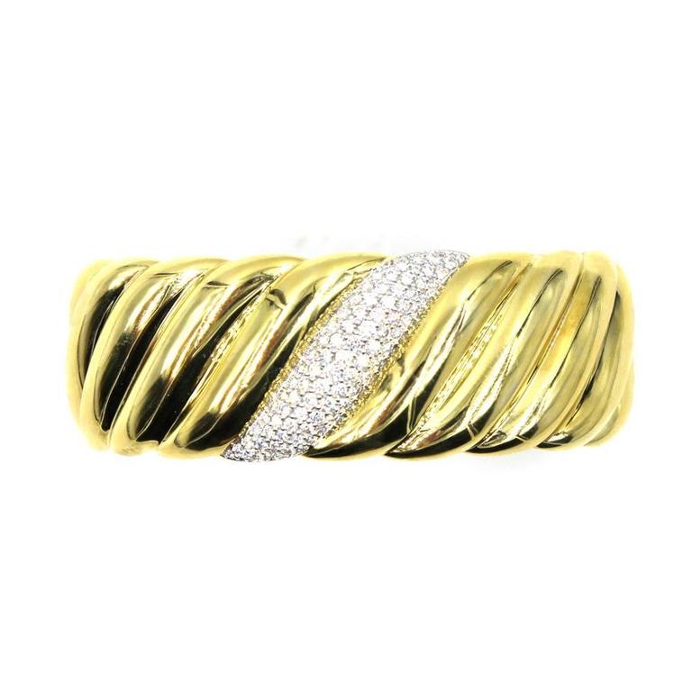 David Yurman Diamond Yellow Gold Sculpted Cable Wide Cuff Bracelet at ...
