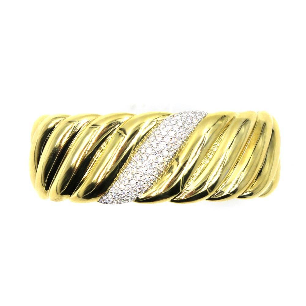 David Yurman Diamond Yellow Gold Sculpted Cable Wide Cuff Bracelet
