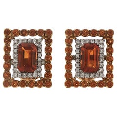 Diamond Citrine 18 Karat Gold Square Leverback Vintage Leverback Earrings