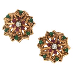 French Diamond Ruby Emerald 18K Yellow Gold Starburst Earclip Earrings 1950s