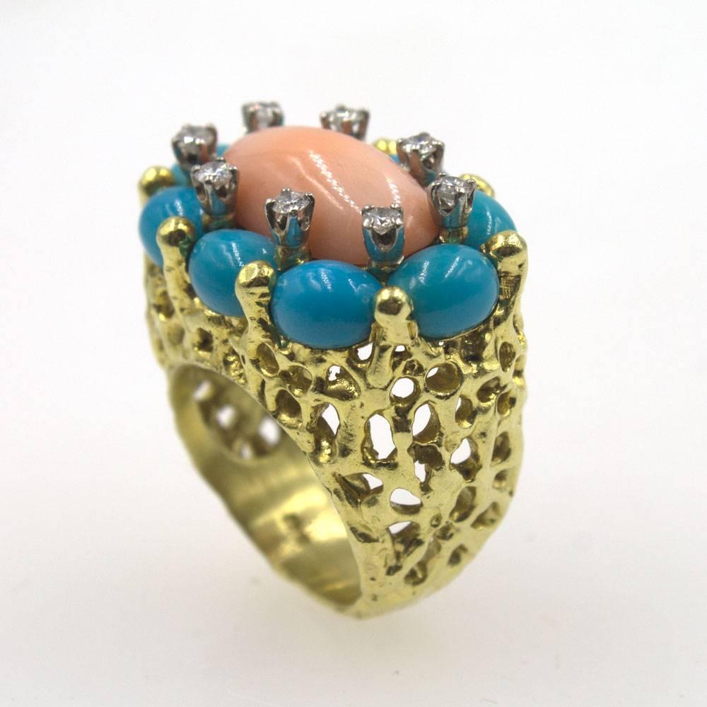 Women's or Men's 1960s Coral Turquoise Diamond Ring