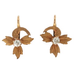 Antique Old European-Cut Diamond Floral 18 Karat Yellow Gold Drop Earrings