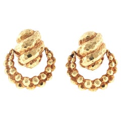 18 Karat Yellow Hammered Finish Gold Doorknocker Vintage Drop Earclip Earrings