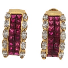 Ruby Diamond 18 Karat Yellow Gold Earclip Vintage Earrings
