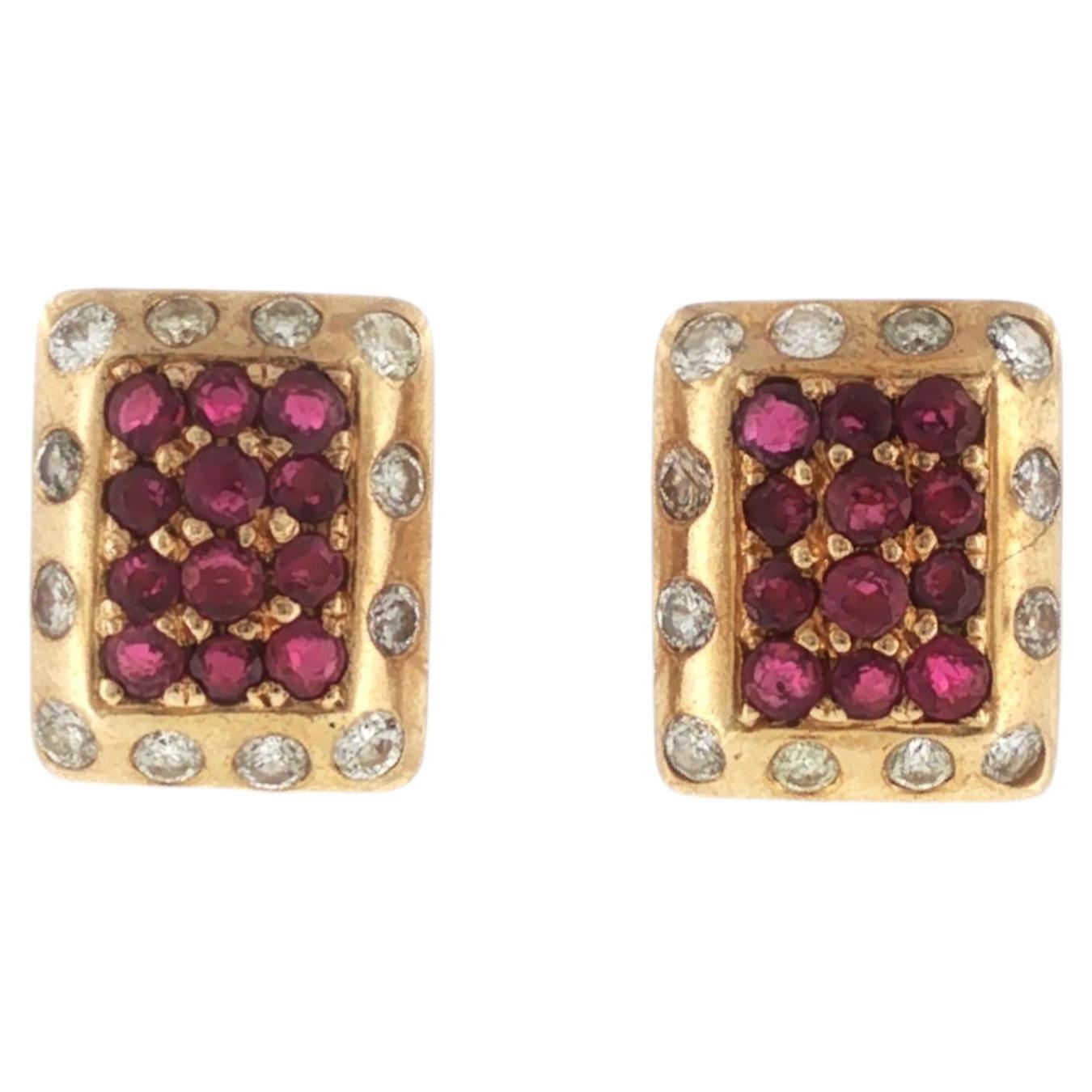 Ruby Diamond 18 Karat Rectangular Stud Earrings For Sale