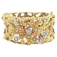Floral Motif Diamond 18K Tri-Color Gold Bangle Bracelet Stambolian One Of A Kind