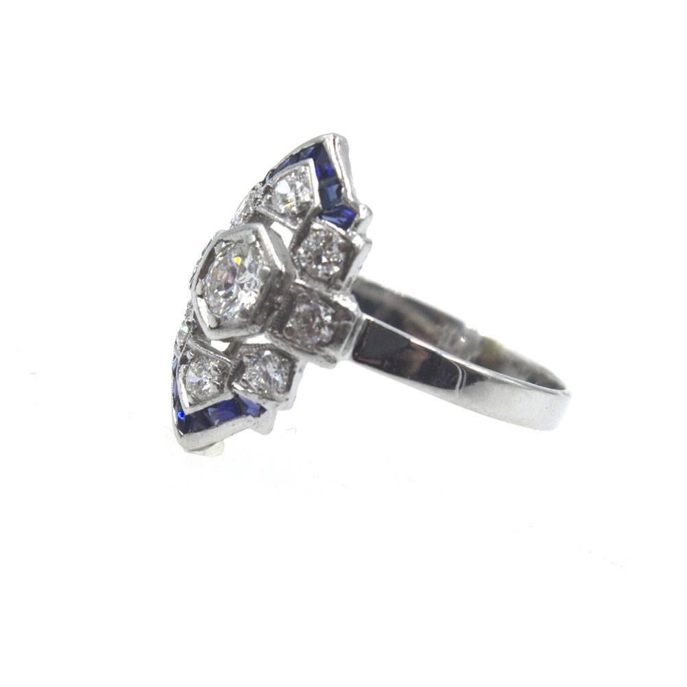 Old European Cut Art Deco Diamond Sapphire Platinum Cocktail Ring