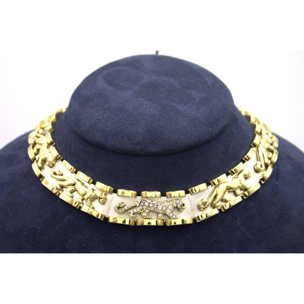 Modern Diamond Panther Two-Tone Gold Link Choker Necklace